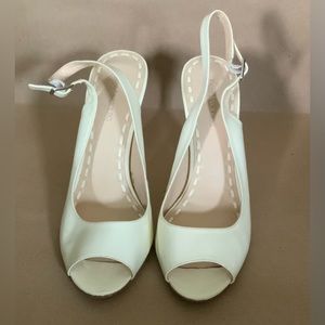 Ivory patent open toe slingback wedges